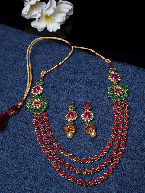 

Shining Diva Gold Plated Red & Green Stone Studded Layered Jewellery Set