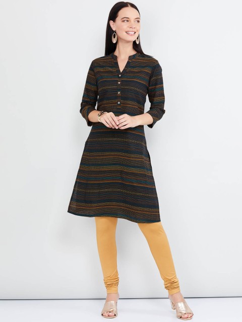 

max Women Black Printed Striped A-Line Kurta