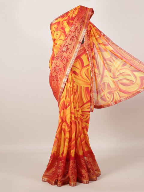 

Pothys Yellow & Red Poly Georgette Printed Saree with Zari Border