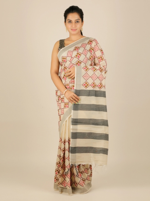 

Pothys Cream-Coloured Embroidered Jute Silk Saree