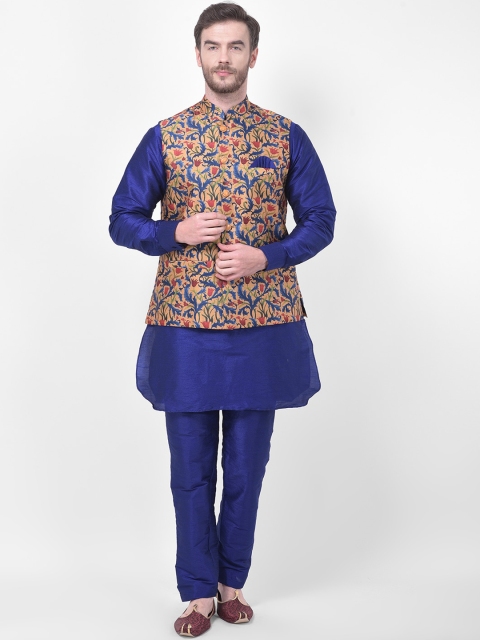 

SG LEMAN Men Blue & Mustard Yelow Kurta with Trousers & Nehru Jacket