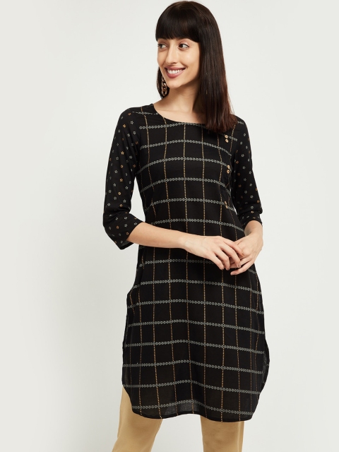 

max Women Black Checked Straight Kurta