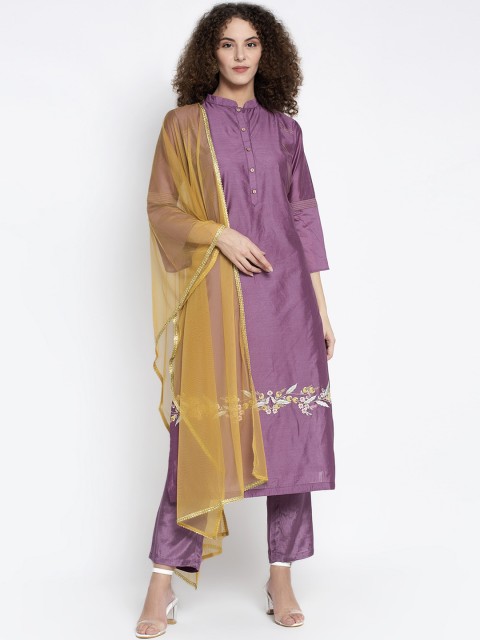 

Aujjessa Women Purple Embroidered Kurti with Trousers & Dupatta