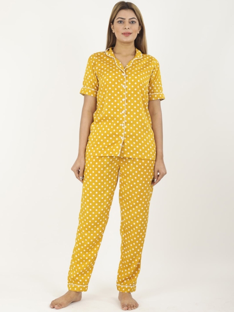 

NEUDIS Women Mustard-Yellow & White Polka Dotted Night Suit