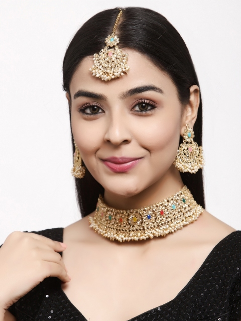 

Shining Diva Gold-Plated Blue & Red Kundan Studded Beaded Jewellery Set