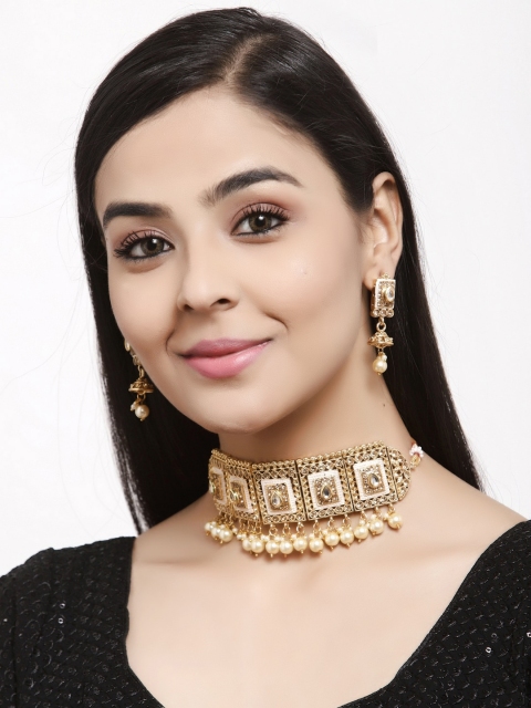 

Shining Diva Gold Plated White Stone Studded & Pearl Beaded Enamelled Jewellery Set