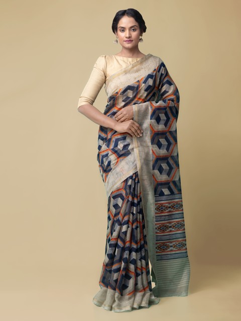 

Unnati Silks Grey & Blue Silk Cotton Printed Chanderi Saree
