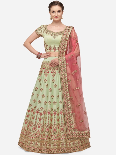 

NAKKASHI Green & Pink Embroidered Semi-Stitched Lehenga & Unstitched Blouse with Dupatta