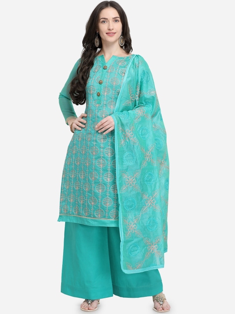 

mf Turquoise Blue & Gold-Toned Silk Blend Semi-Stitched Dress Material