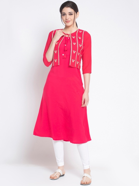 

ALC Creations Women Red Yoke Design Crepe Kurta