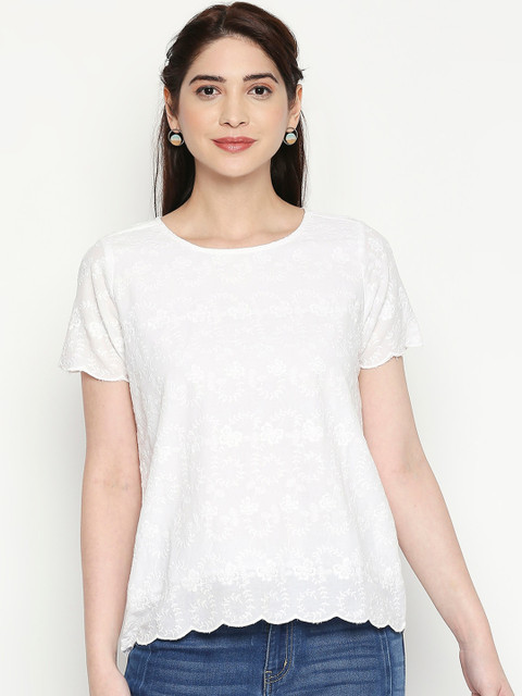 

People Women White Floral Printed Pure Cotton Top