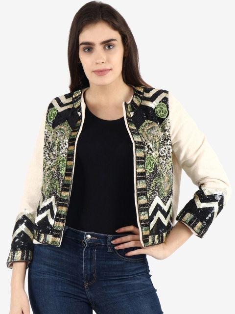 

Diwaah Women Cream-Coloured & Green Embellished Open Front Jacket