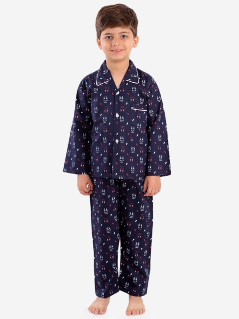 

KID1 Boys Navy Blue & White Printed Night Suit