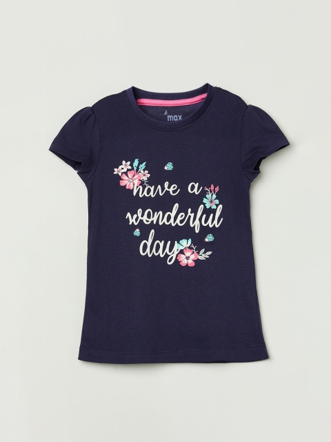 

max Girls Navy Blue Printed Round Neck T-shirt