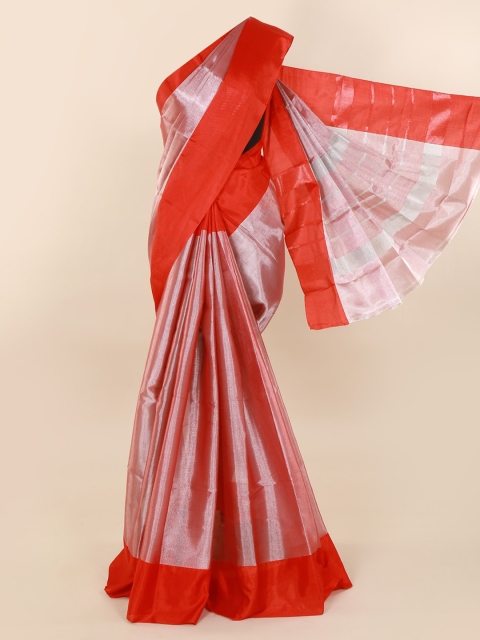 

Pothys Red & Silver-Toned Tissue Solid Saree