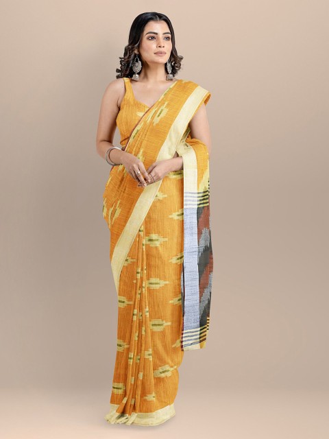 

BharatSthali Orange Pure Cotton Woven Design Ikat Saree