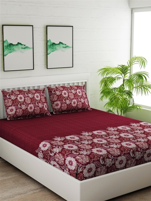 

Salona Bichona Maroon & White Floral 180 TC Cotton 1 King Bedsheet with 2 Pillow Covers
