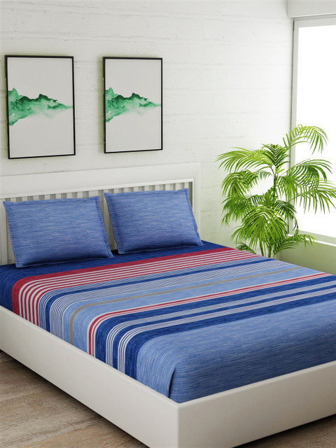 

Salona Bichona Blue & Red Striped 180 TC Cotton 1 Queen Bedsheet with 2 Pillow Covers