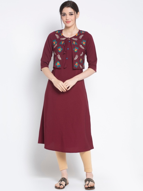 

ALC Creations Women Maroon Floral Embroidered Thread Work Crepe Layered Kurta