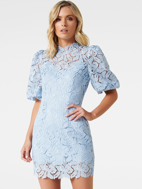 

Forever New Women Blue Self Design Lace Puff Sleeve Sheath Dress