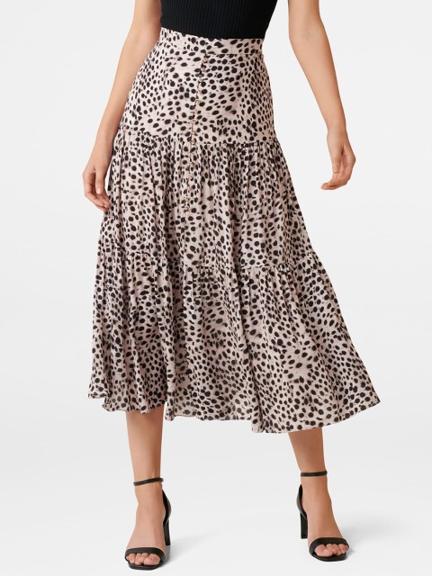 

Forever New Beige & Black Printed Tiered Maxi Skirt