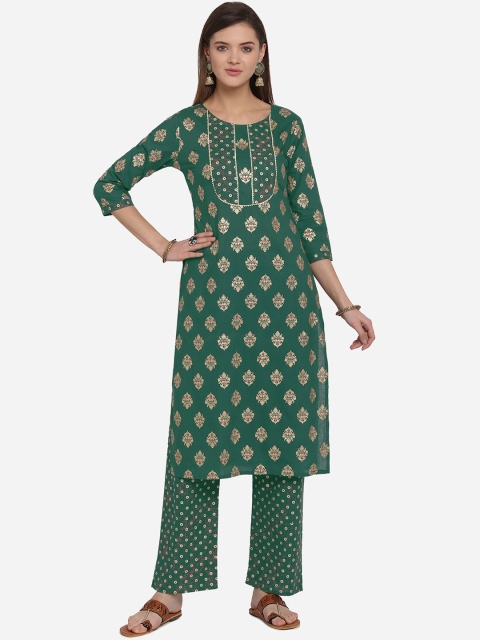 

Mirchi Fashion Women Green & Gold-Coloured Foil Printed Kurta with Trousers