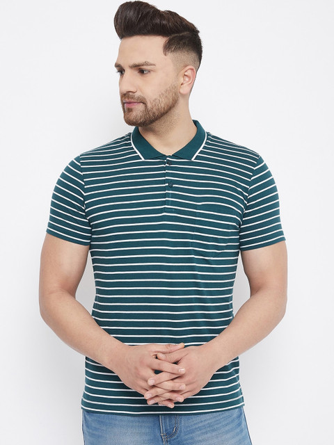 

Adobe Men Green & Off-White Striped Polo Collar T-shirt
