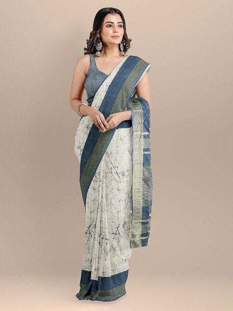 

BharatSthali Blue Pure Linen Woven Design Narayan Peth Saree