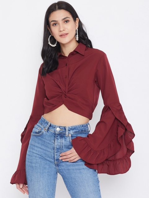 

Berrylush Maroon Solid Bell Sleeves Shirt Style Crop Top