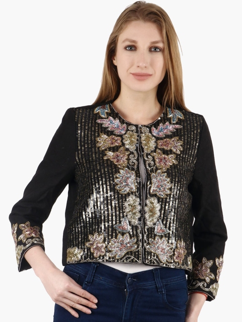 

Diwaah Women Black Embellished Open Front Jacket