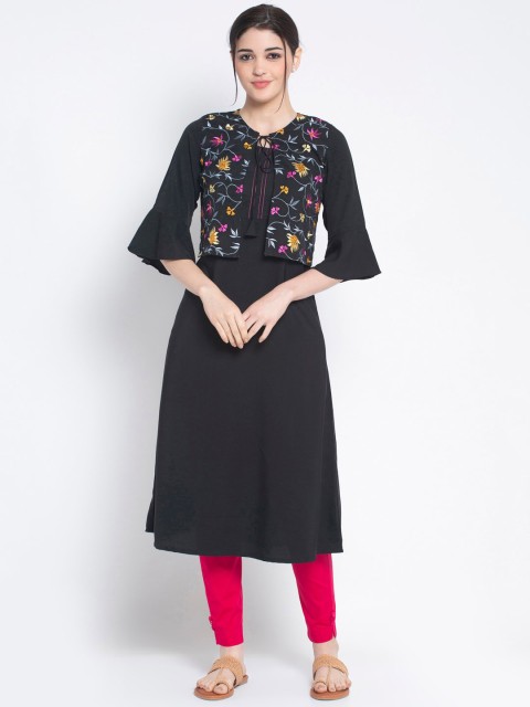 

ALC Creations Black Floral Embroidered Bell Sleeves Thread Work Crepe Kurta