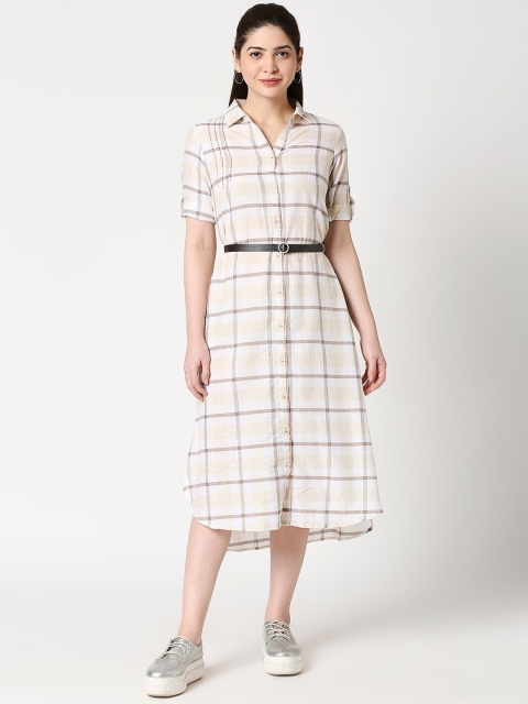

TERQUOIS Women Beige Checked A-Line Dress