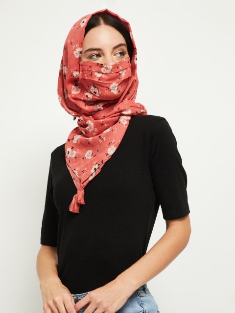 

max Women Coral Pink & Beige Floral Printed Scarf