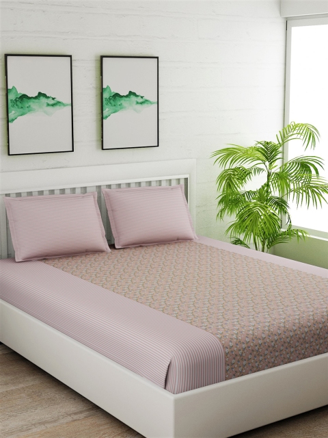 Salona Bichona Pink & Peach-Coloured Floral 180 TC Cotton 1 Queen Bedsheet with 2 Pillow Covers