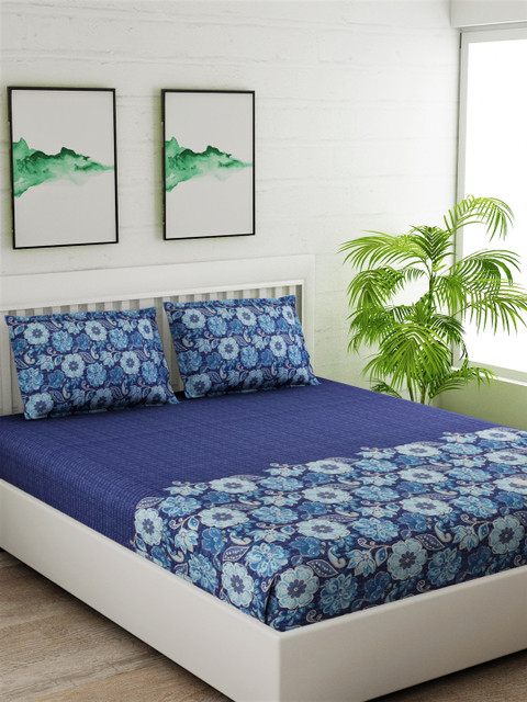

Salona Bichona Blue & White Floral 180 TC Cotton 1 Queen Bedsheet with 2 Pillow Covers