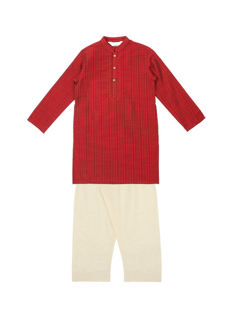 

indus route by Pantaloons Boys Maroon & Beige Striped Kurta with Pyjamas