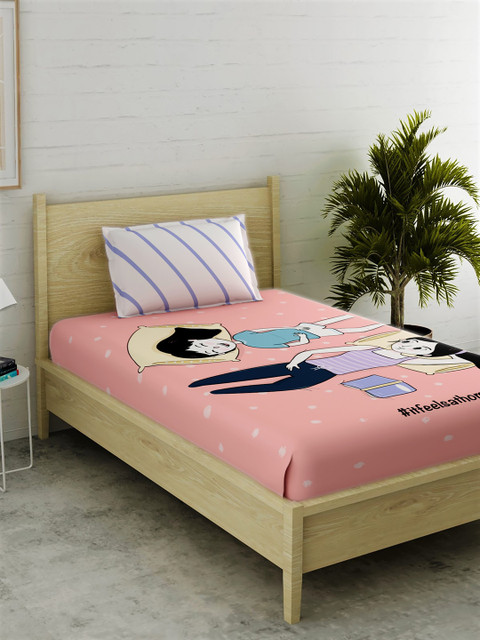 

EverHOME Peach-Coloured & White Graphic 152 TC Cotton 1 Single Bedsheet with 1 Pillow Covers