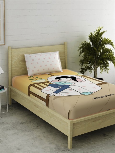 

EverHOME Beige & Yellow Cartoon Characters 152 TC Cotton 1 Single Bedsheet with 1 Pillow Covers