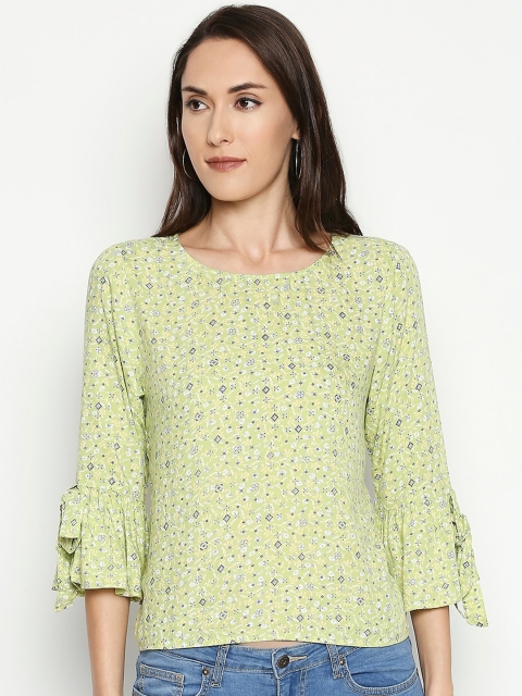 

People Lime Green Floral Printed Bell Sleeves Top