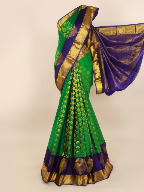 

Pothys Green & Gold-Toned Pure Silk Woven Design Kanjeevaram Saree with Zari Border