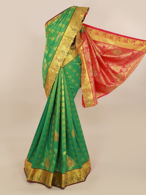 

Pothys Green & Gold-Toned Pure Silk Printed Kanjeevaram Saree