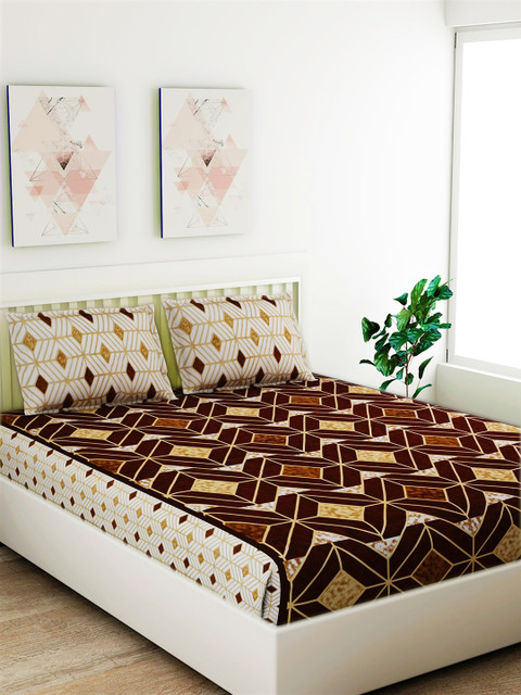 

Salona Bichona Brown & Camel Brown Geometric 180 TC Cotton 1 King Bedsheet with 2 Pillow Covers