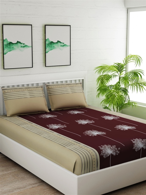

Salona Bichona Maroon & Beige Floral 180 TC Cotton 1 Queen Bedsheet with 2 Pillow Covers