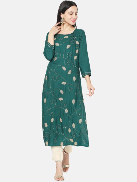 

FASHOR Women Green & Gold-Toned Embroidered A-Line Kurta
