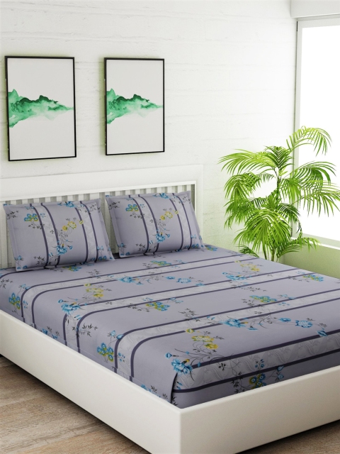 

Salona Bichona Purple & Blue Floral 180 TC Cotton 1 King Bedsheet with 2 Pillow Covers