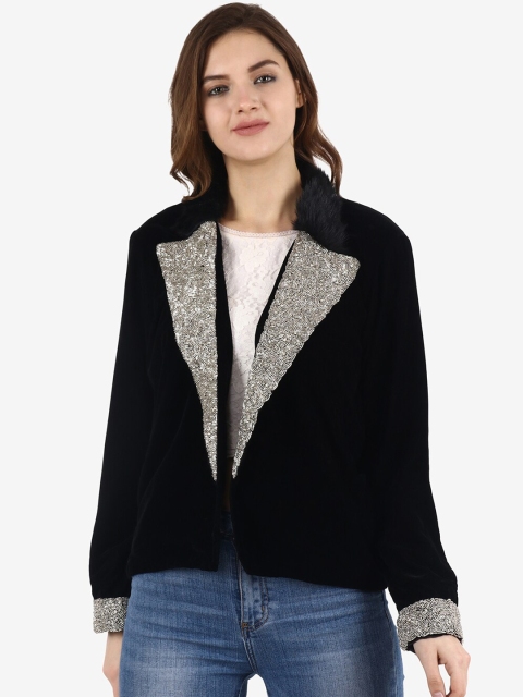 

Diwaah Women Black & Silver-Coloured Velvet Embellished Open Front Jacket
