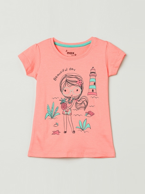 

max Girls Rust Printed Round Neck T-shirt