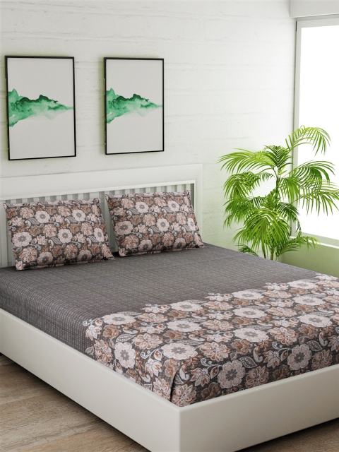 

Salona Bichona Grey & Beige Floral 180 TC Cotton 1 Queen Bedsheet with 2 Pillow Covers
