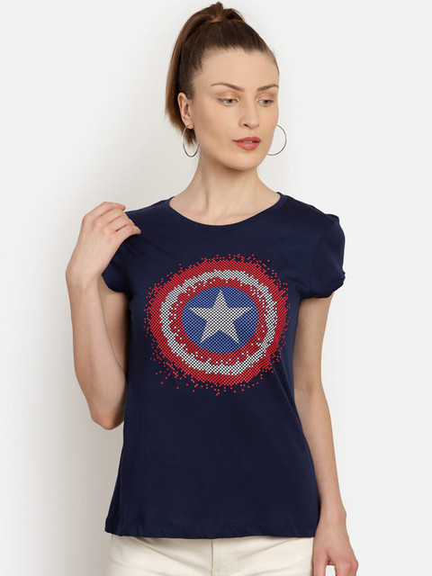 

Free Authority Women Navy Blue Captain America Printed Round Neck T-shirt