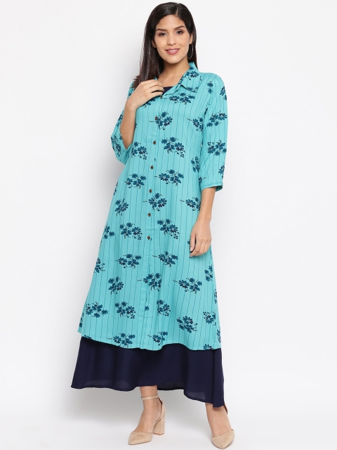 

Ashnaina Women Turquoise Blue Printed Maxi Dress